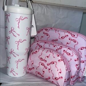 Pink ribbon bow tumbler & cosmetic bag set